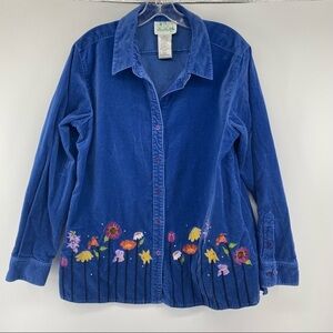 Vintage The Quacker Factory Sz Large Blue Velour Embroidered Floral Shirt